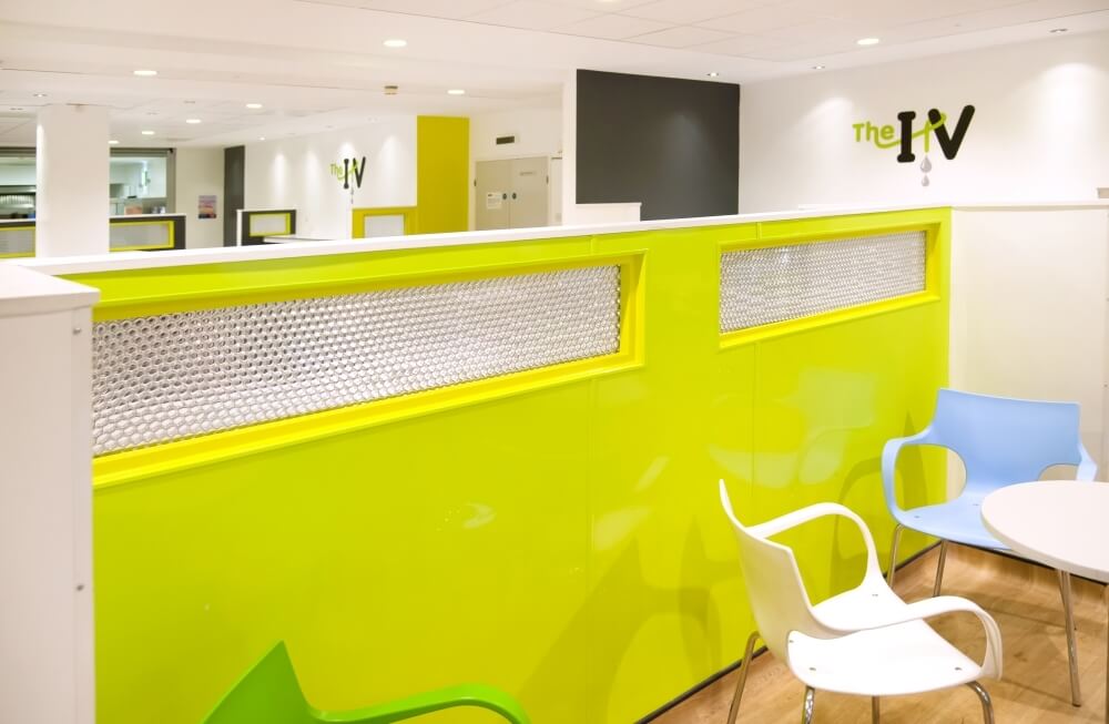 University of Leicester's IV Cafe using Mykon's decorative sandwich panels